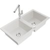 Mexen Mario, 2-komorový granitový drez 820x436x161 mm a drezová batéria Flora, biela, 6504-20-670401-00