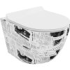 Mexen Lena, závesná WC misa 48x36 cm, Rimless so sedátkom pomaly-padajúcim, vzor-gazeta, 30224099