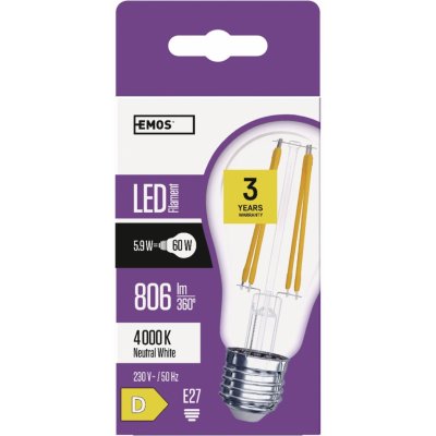 Emos LED žiarovka Filament A60 5,9 W, E27, 806 lm, 4000 K, neutrálna biela