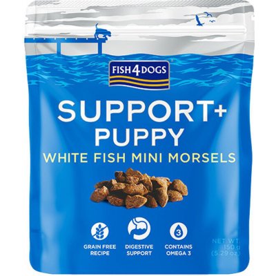 FISH4DOGS Pamlsky pre šteniatka na podporu trávenia s kúskami bielej ryby a prebiotikami 150g