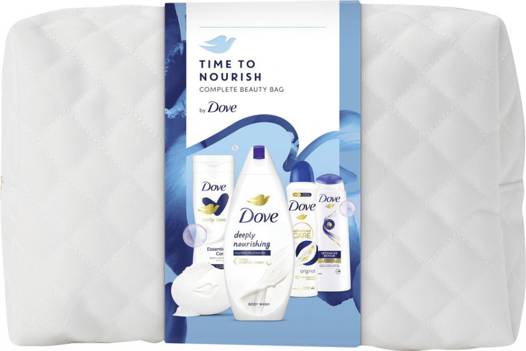 DOVE Original sprchový gél 250 ml, antiperspirant 150 ml, telové mlieko 250 ml, šampón 250 ml, tabletu na umývanie 90 g s taškou