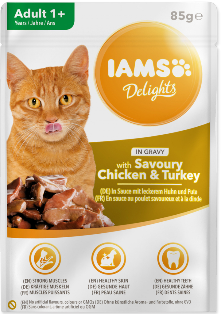 IAMS Cat Adult All Breeds kuracie a morčacie mäso v omáčke 85 g