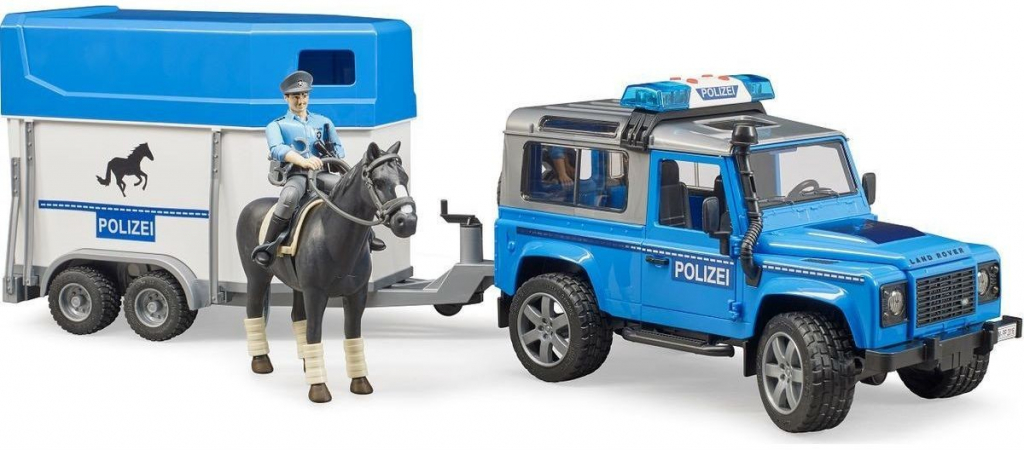 Bruder 2588 Policejní Land Rover Defender, přívěs pro koně, kůň a policista