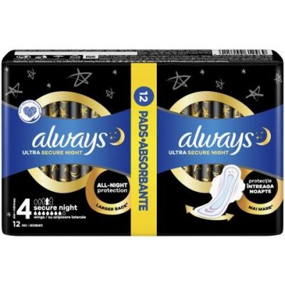 Always Ultra Secure Night nočné hygienické vložky s krídelkami a jemnou vôňou 12 ks pre ženy
