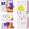 Peňaženkové kožené puzdro DRAWING na Samsung Galaxy A22 5G - Elephant under the Umbrella