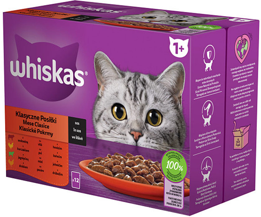 WHISKAS klasický výber hovädzina kura jahňa morka v šťave 12 x 85 g