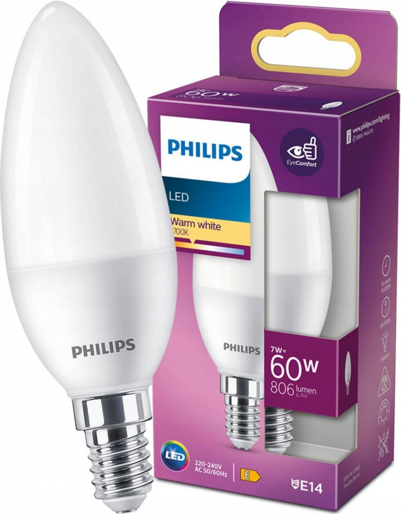 Philips sviečka, 7W, E14, teplá biela 8719514309623