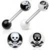 Šperky eshop - Piercing do jazyka z ocele 316L - činka s akrylovými guličkami, lebka s prekríženými hnátmi, dve farby PC08.02 - Farba: Biela