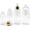 Plastová fľaša priehľadná okrúhla, biely rozprašovač, zlatá lesklá obruč, 150 ml