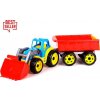 Teddies Traktor / nakladač / bager s vlekom s lyžicou plast na voľný chod 2 farby v sieťke 16x61x16cm