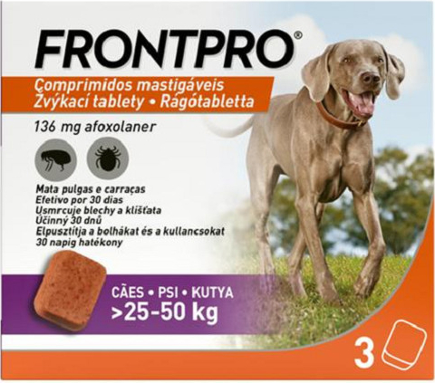 Frontpro L 136mg žuvacie tablety pre psy proti kliešťom a blchám >25–50 kg 3 tbl