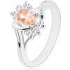 Šperky eshop - Prsteň v striebornej farbe, svetlooranžový brúsený ovál, oblúky, číre zirkóniky G06.21 - Veľkosť: 59 mm