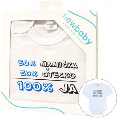 Body s potlačou New Baby 50% MAMIČKA + 50% OTECKO - 100% JA modré - darčekové balenie, veľ. 80 (9-12m)