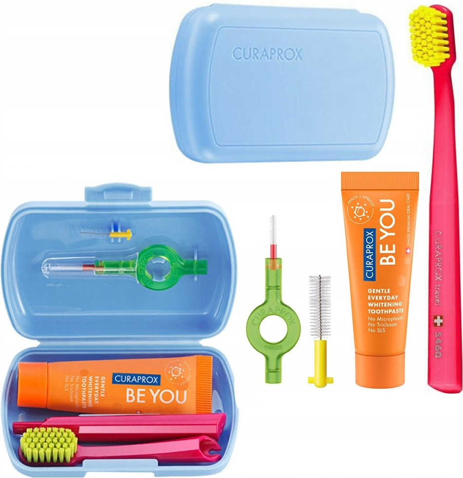 Curaprox Travel Set zubná kefka + CPS medzizubné kefky 2 ks + zubná pasta 10 ml darčeková sada, modrý