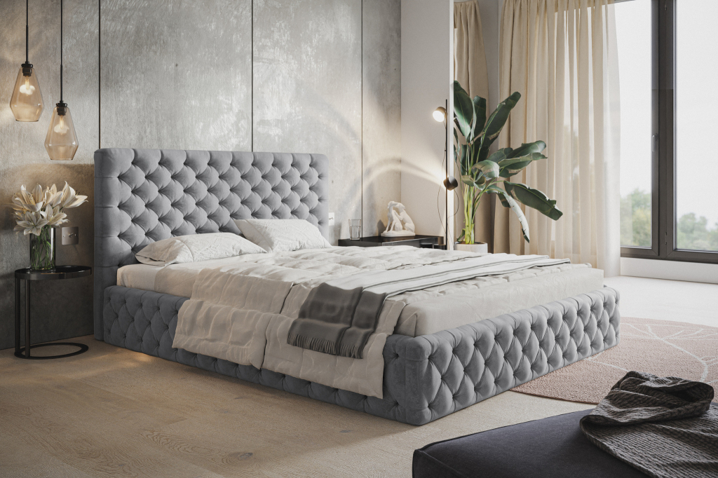 Emporius Furniture Furis Chesterfield zásuvka zamatová látka lamelový rám Glamour sivá Jasmine 90