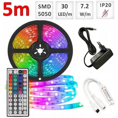 Optonica Sada: 5m RGB LED pásik do interieru 30 SMD5050/m, 7.2W/m, IP20 + zdroj + RGB ovládač 44 tlač. SKU1290