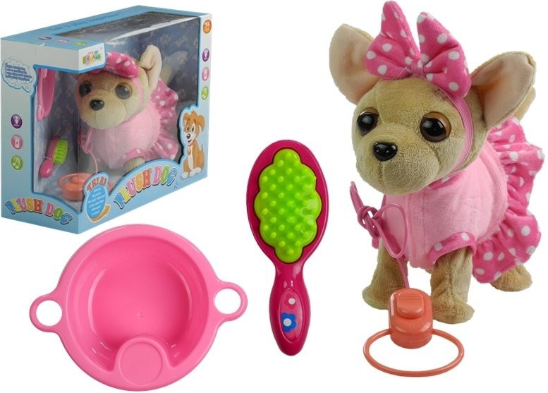 Lean Toys INTERAKTÍVNY PES CHIHUAHUA NA VODÍTKU + PRÍSLUŠENSTVO RUŽOVÉ OBLEČENIE