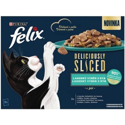 FELIX Deliciously sliced Multipack 4(12x80g) losos/ tuniak/ treska/ platesa v želé