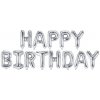 PartyDeco Fóliový balón - Happy Birthday nápis strieborný 340x35cm