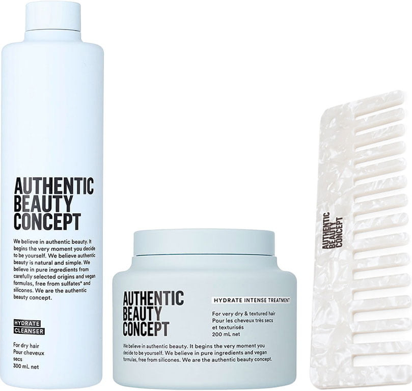 Authentic Beauty Concept 1x Hydrate Cleanser 300 ml + 1x Hydrate Intense Treatment 200 ml + 1x Autentický eko hrebeň - zdarma darčeková sada