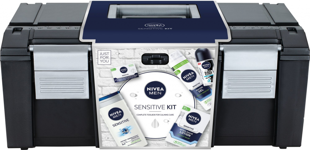 Nivea Men Sensitive Kit Toolbox voda po holení 100 ml + pleťový krém 50 ml + gél na holenie 200 ml + sprchový gél 250 ml + roll-on 50 ml darčeková sada