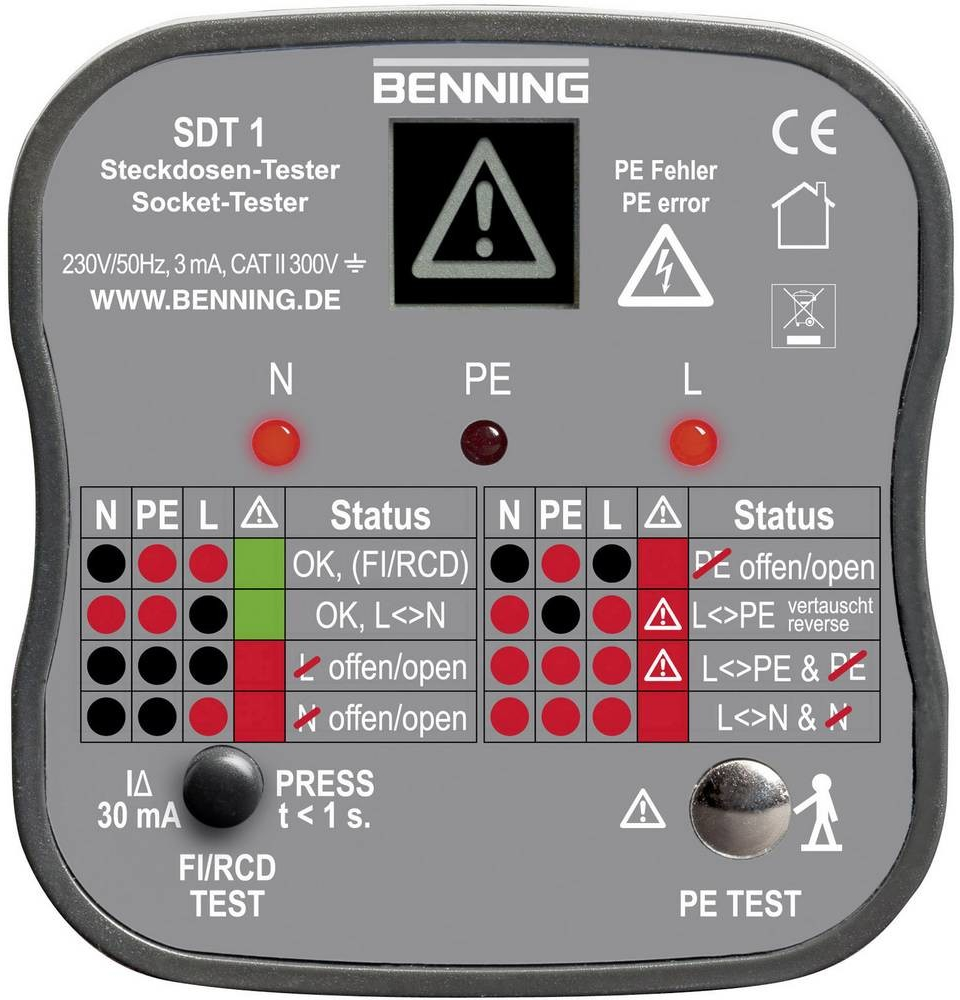 Benning SDT 1 tester zásuviek, CAT III 300 V, LED, LCD; 020053