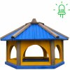 MKSTOR Drevené kŕmitko pre vtáky 60x47x42cm + SOLÁRNE Led Svetlo, vtáčia búdka, modrá