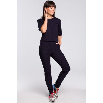 B104 V-neck back jumsuit-navy blue