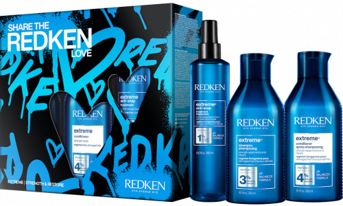 Redken Extreme Length ošetrujúci šampón pre dlhé vlasy 300 ml + ošetrujúci kondicionér pre dlhé vlasy 300 ml + bezoplachový krém s biotínom 150 ml + kozmetická taška darčeková sada