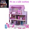 JOKO Veľký drevený domček pre bábiky 70cm s LED osvetlením a nábytkom, ružový