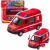 Hasičské auto kovové s pohonom Pull Back, svetlá a zvuky, červené, mierka 1:32