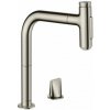 HansGrohe M71 - Drezová batéria Metris Select s výsuvnou spŕškou, 2-otvorová inštalácia, vzhľad nerezový 73819800
