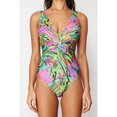 Trendyol Tropical Patterned Deep V Neck Knotted High Leg Regular Swimsuit