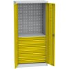 Univerzálna dielenská skriňa s DVB perforáciou, 8 zásuviek, 1 polica, žltá