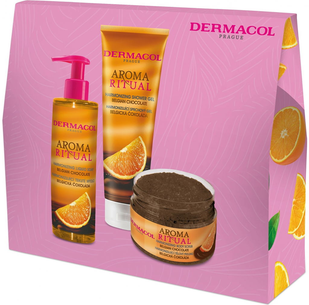 Dermacol Aroma Ritual Belgian Chocolate sprchový gél 250 ml + mydlo na ruky 250 ml + telový peeling 200 ml darčeková sada