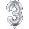 PartyDeco Fóliový balón Mini - Číslo 3 strieborný 35cm