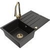 Mexen Bruno, 1-komorový granitový drez 795x495x200 mm a drezová batéria Elia, čierna-zlatá metalíza, 6513-75-670101-50