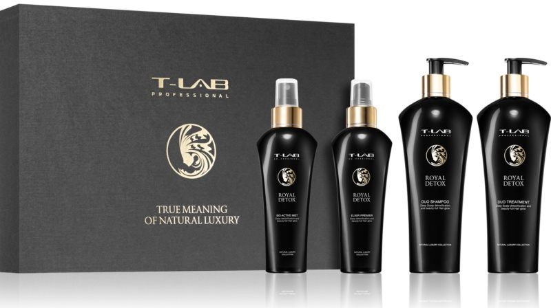 T-LAB Professional Royal Detox detoxikačný šampón 300 ml + kondicionér s detoxikačným účinkom 300 ml + ochranný sprej s detoxikačným účinkom 150 ml + ochranný olej na vlasy 150 ml darčeková