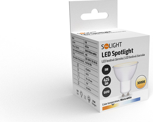 Solight LED žiarovka, bodová , 5W, GU10, 3000K, 4000K, 425lm, biela