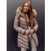 Hnedá dámska dlhá zimná bunda / kabát s prírodnou kožušinou a kapucňou Bolf M688