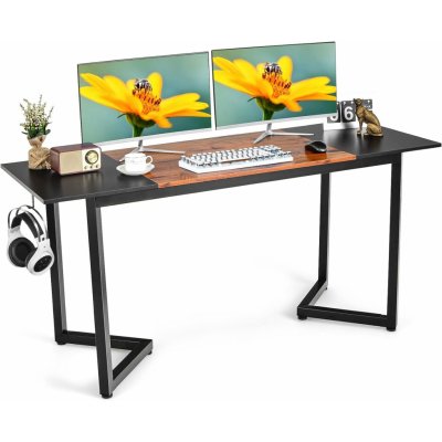 COSTWAY Stôl, 160 x 60 x 74 cm, počítačový stôl úzky, kancelársky stôl s doskou a háčikmi, PC stôl drevený kancelársky stôl, pracovný stôl kovový rám, pre domácu kanceláriu, kancelária, rustikálna hne