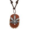 Šperky eshop - Náhrdelník z umelej kože, prívesky - list marihuany a hnedý ovál s krúžkami Z22.17