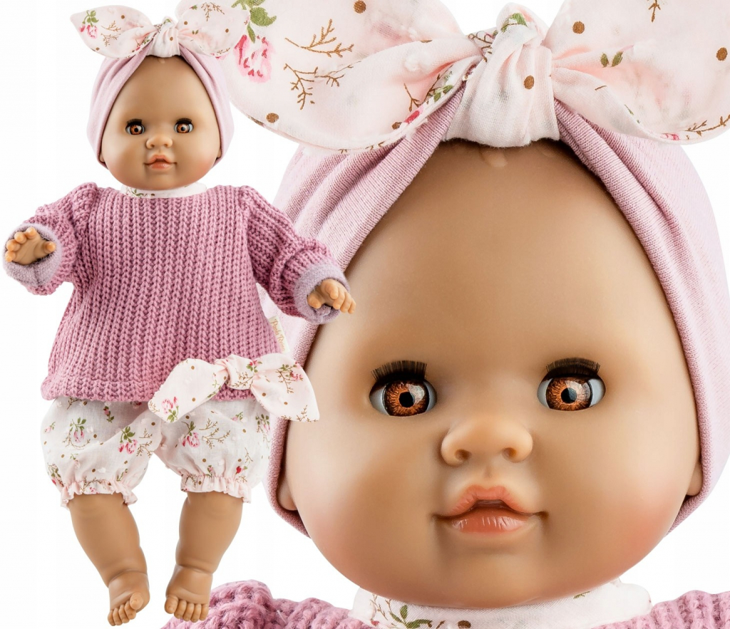 Paola Reina Realistické miminko v růžovém pleteném svetru holčička Alberta Los Manus 36cm