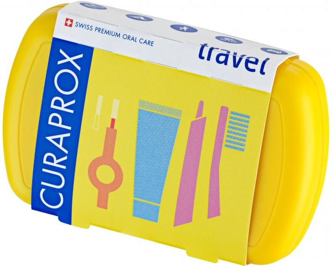 Curaprox Travel Set zubná kefka + CPS medzizubné kefky 2 ks + zubná pasta 10 ml darčeková sada, žltý