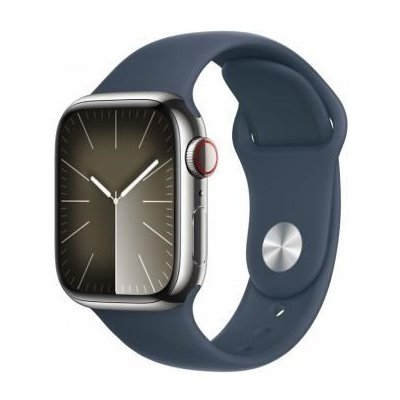 APPLE Watch Series 9 GPS + Cellular 45mm Silver Stainless Steel Case with Storm Blue Sport Band - S/M mrmn3qc/a
