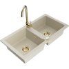 Mexen Mario, 2-komorový granitový drez 820x436x161 mm a zlatá lesklá drezová batéria Telma, béžová, 6504-69-670200-50