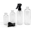 Plastová fľaša priehľadná okrúhla, čierny pákový rozprašovač, 200 ml