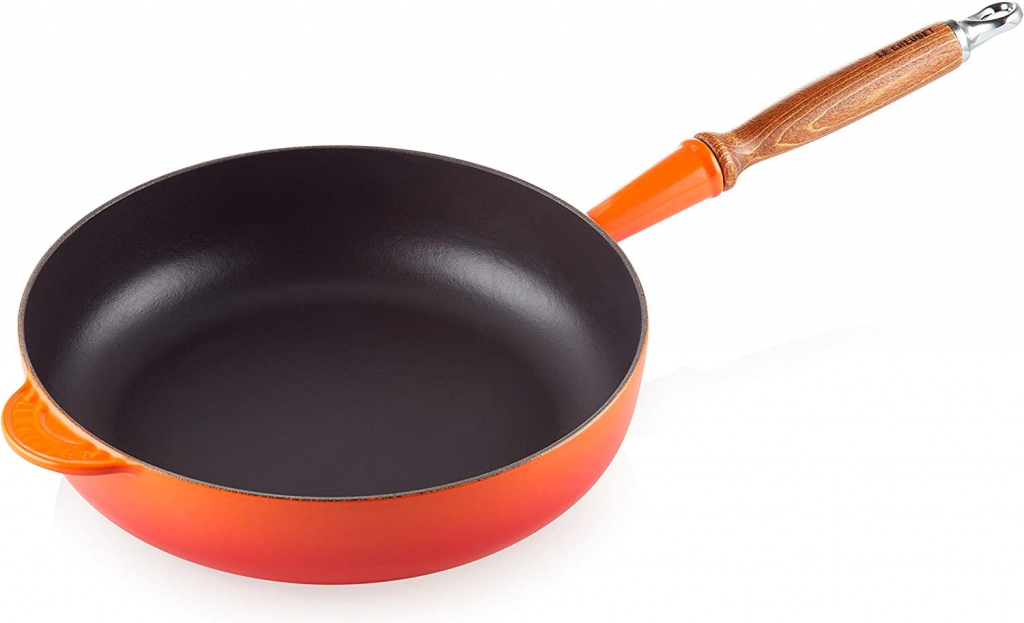 Le Creuset vysoká panvica na vyprážanie s drevenou rúčkou oranžová 28 cm