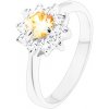 Šperky eshop - Ligotavý prsteň s úzkymi ramenami, okrúhly oranžový zirkón s čírymi lupeňmi V09.11 - Veľkosť: 59 mm