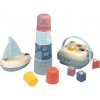 Didaktický košík s plachetnicou a skladacou vežou Awakenings and Bath Set Little Smoby s 8 kockami a 6 šálkami pre jemnú motoriku od 12 mes